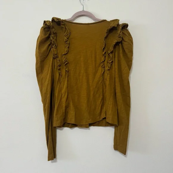 Anthropologie Ruffled V Neck Burnished Gold Blouse - Picture 5 of 6